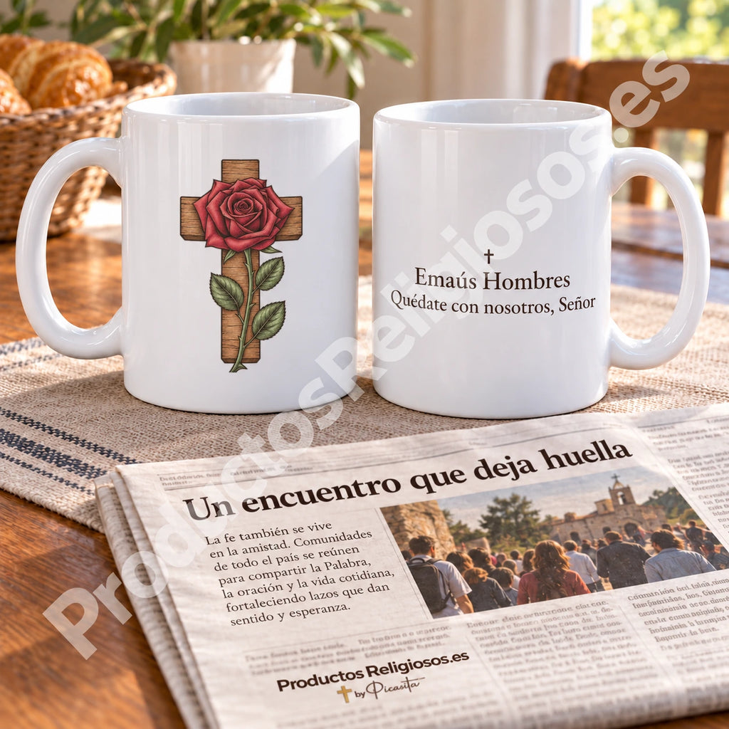 Emmaus Tasse für Männer, Motiv 1 in Farbe. Illustration und spanische Rückseite.