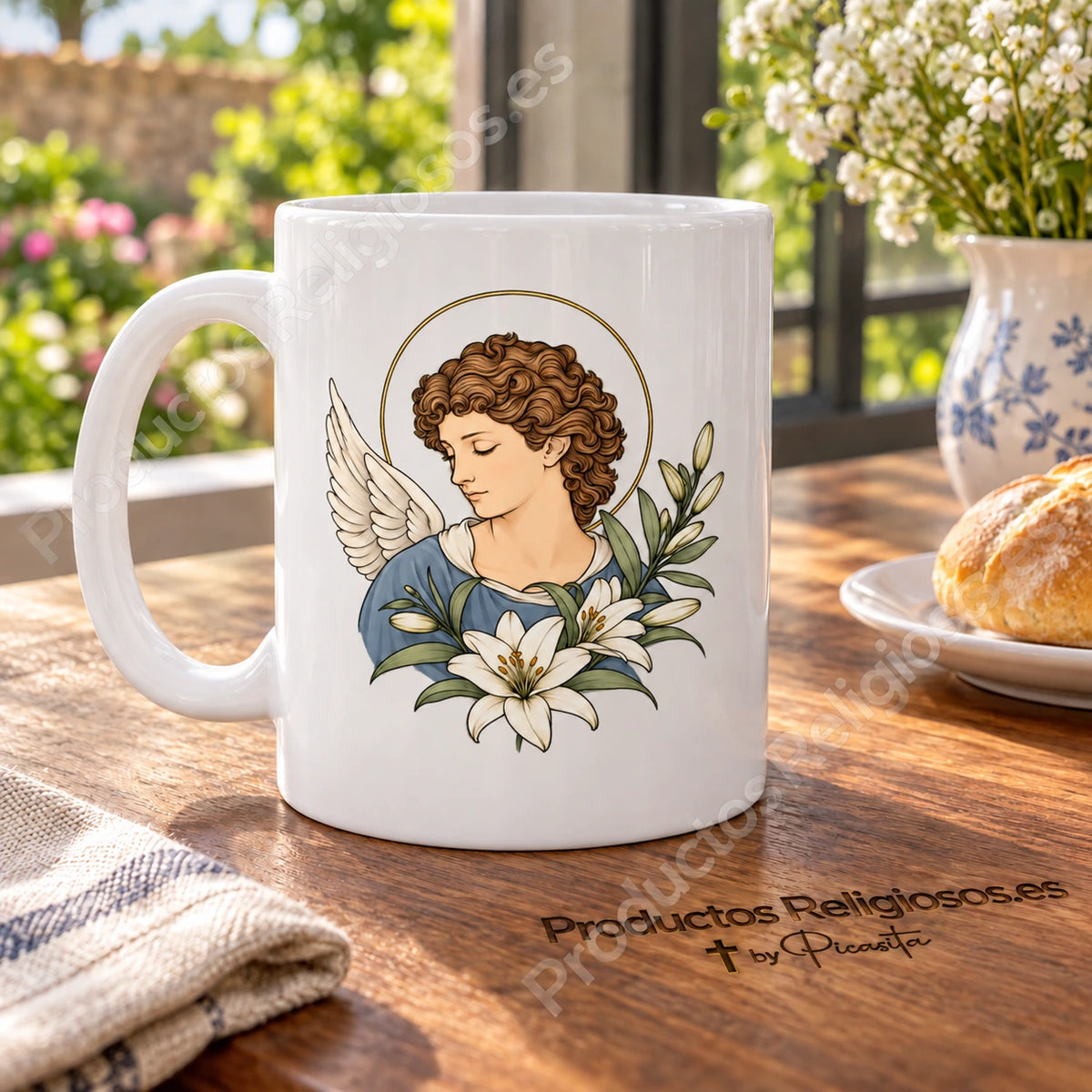 Tazza di San Gabriele, disegno 1 a colori. Illustrazione in una scena di prodotto.