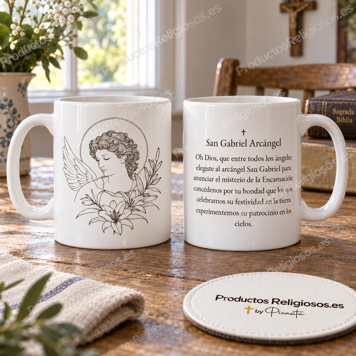 Tazza di San Gabriele, disegno 1 con inchiostro scuro. Preghiera storica in spagnolo.