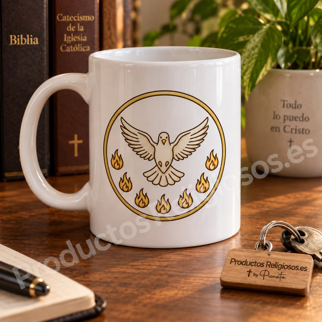 Prayer Mug · Veni Creator, design 1 in colour. Illustration in a product scene.