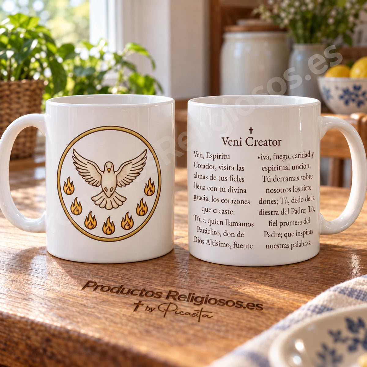 Prayer Mug · Veni Creator, design 1 in colour. Opening Veni Creator excerpt in Spanish.