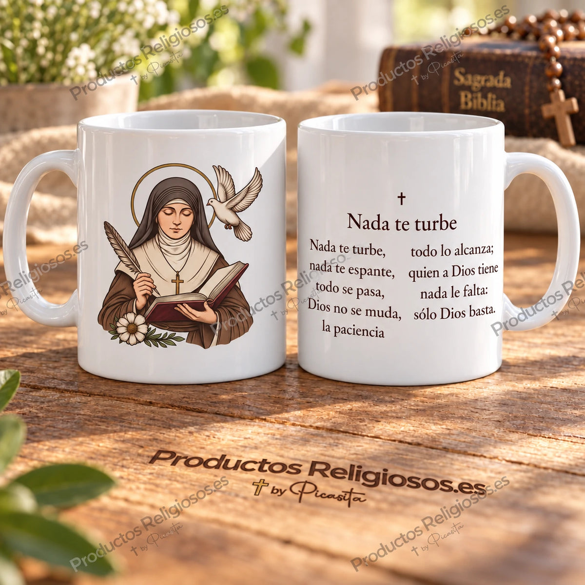 Tazza della preghiera · Nulla ti turbi, disegno 1 a colori. Nove versi iniziali di Nada te turbe in spagnolo.