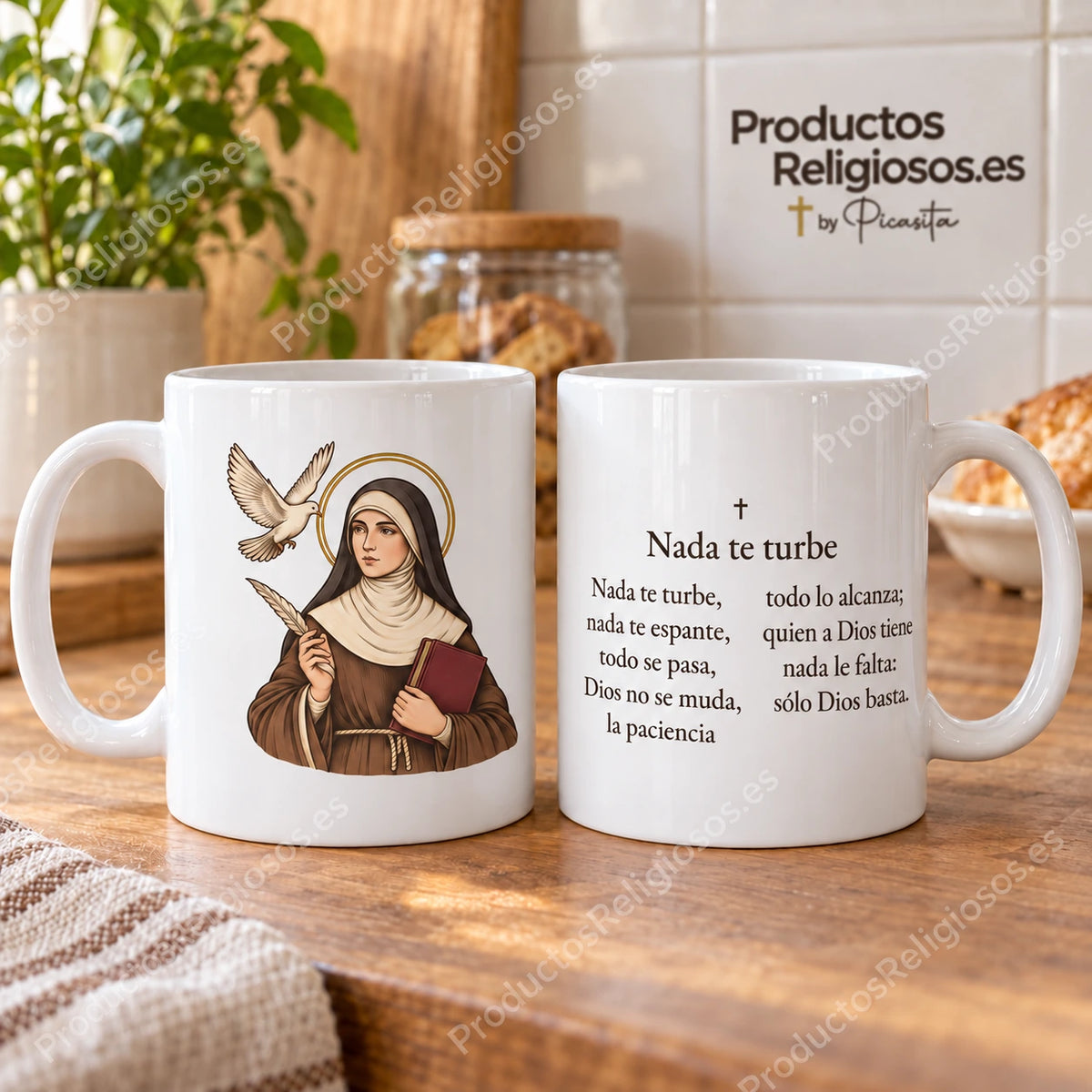 Tazza della preghiera · Nulla ti turbi, disegno 2 a colori. Nove versi iniziali di Nada te turbe in spagnolo.