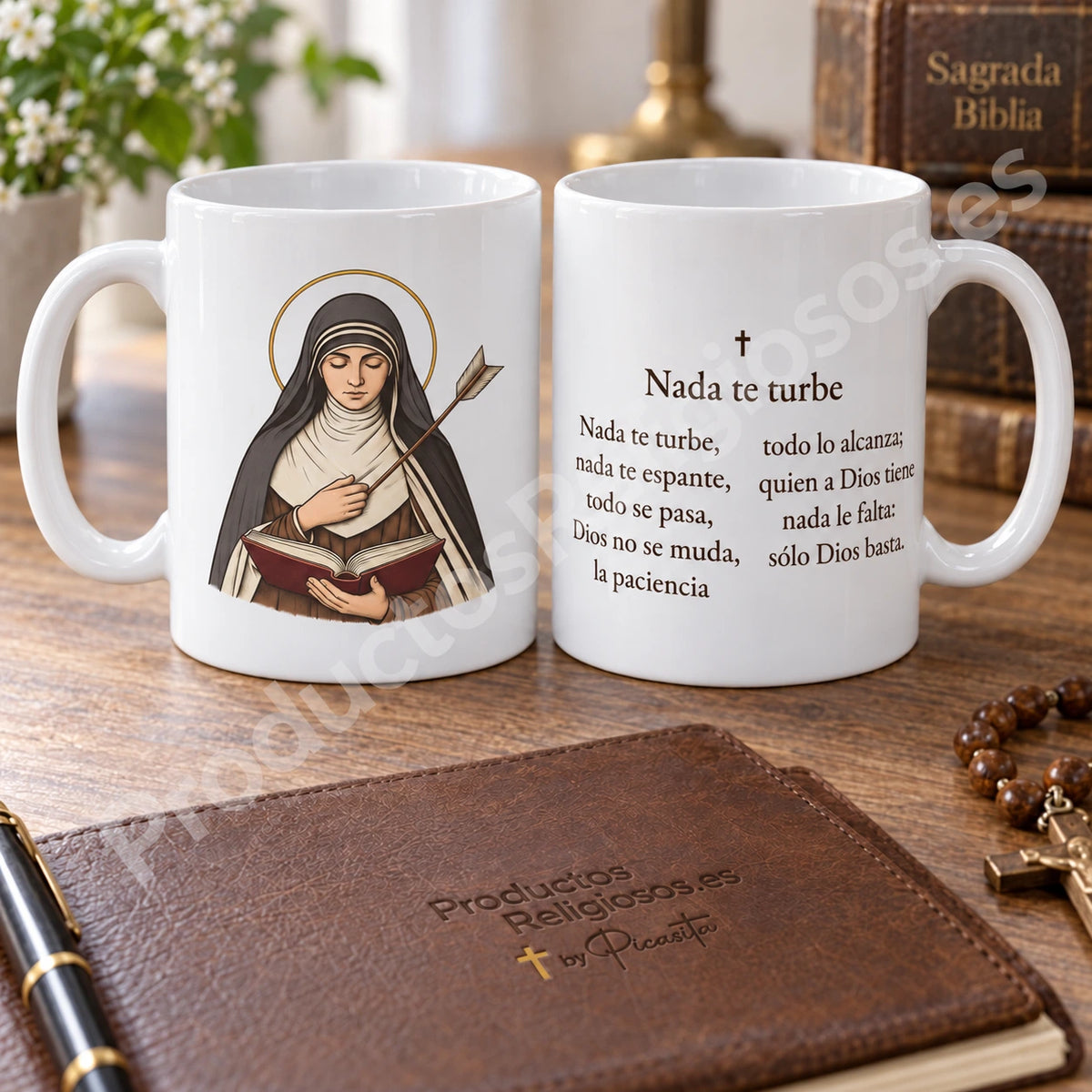 Tazza della preghiera · Nulla ti turbi, disegno 3 a colori. Nove versi iniziali di Nada te turbe in spagnolo.