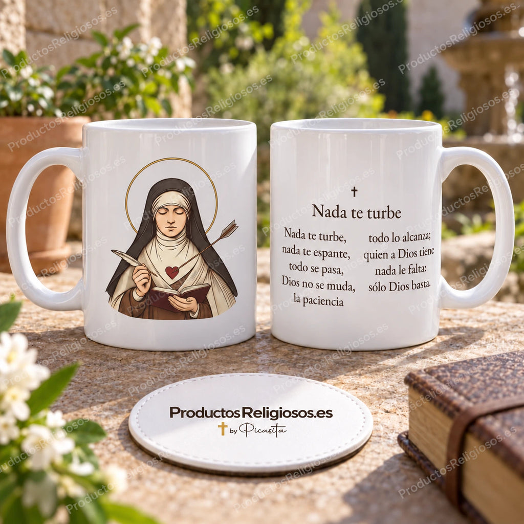 Tazza della preghiera · Nulla ti turbi, disegno 4 a colori. Nove versi iniziali di Nada te turbe in spagnolo.