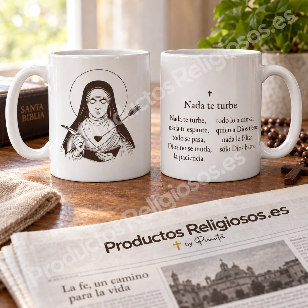 Tazza della preghiera · Nulla ti turbi, disegno 4 con inchiostro scuro. Nove versi iniziali di Nada te turbe in spagnolo.