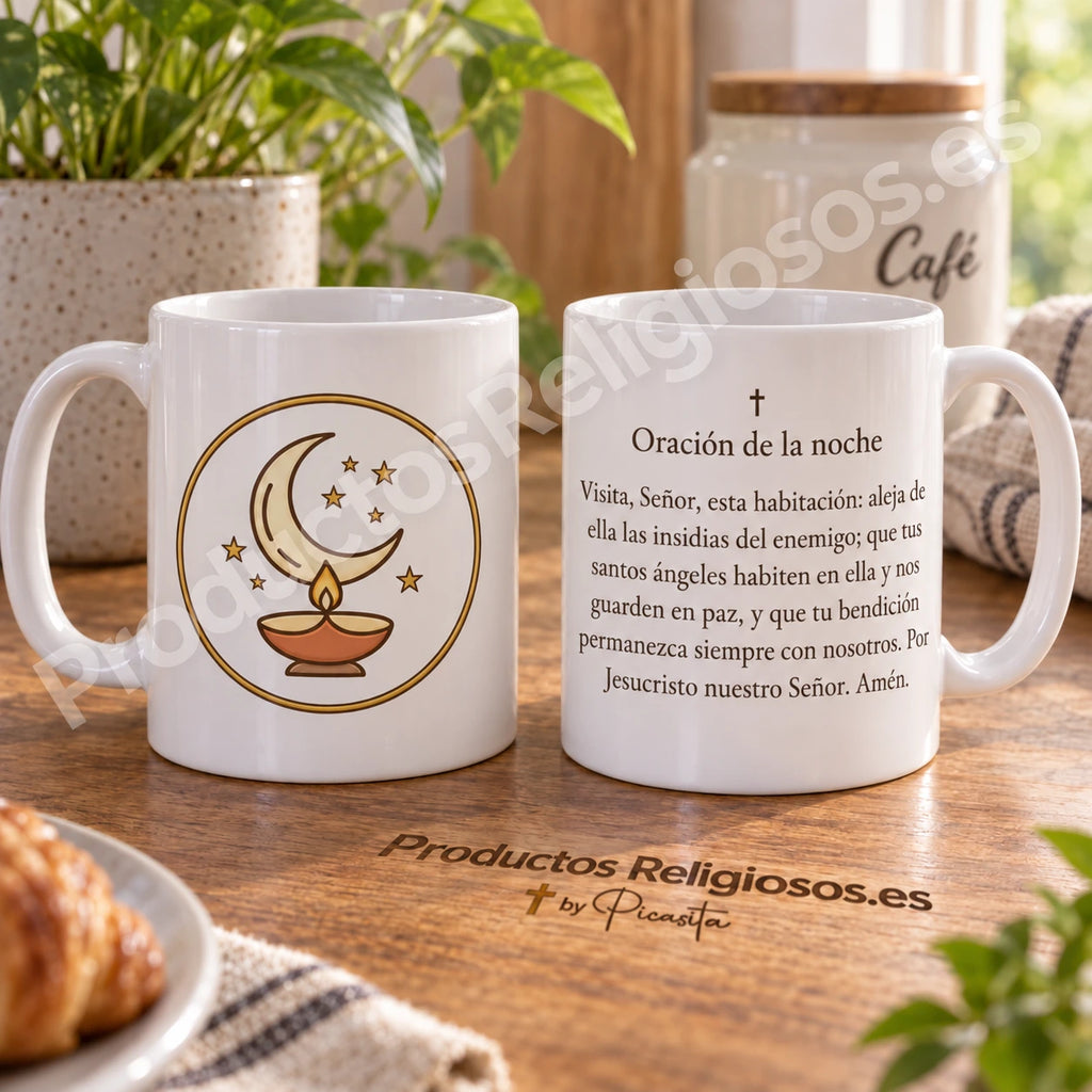Gebetstasse · Nachtgebet, Motiv 1 in Farbe. Vollständiges Gebet auf Spanisch.