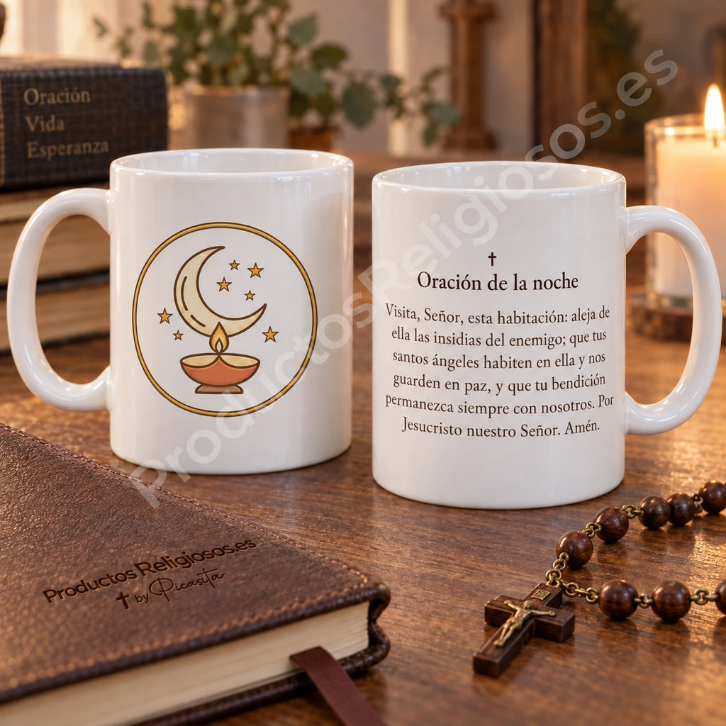Gebetstasse · Nachtgebet, Motiv 1 in Farbe. Vollständiges Gebet auf Spanisch.