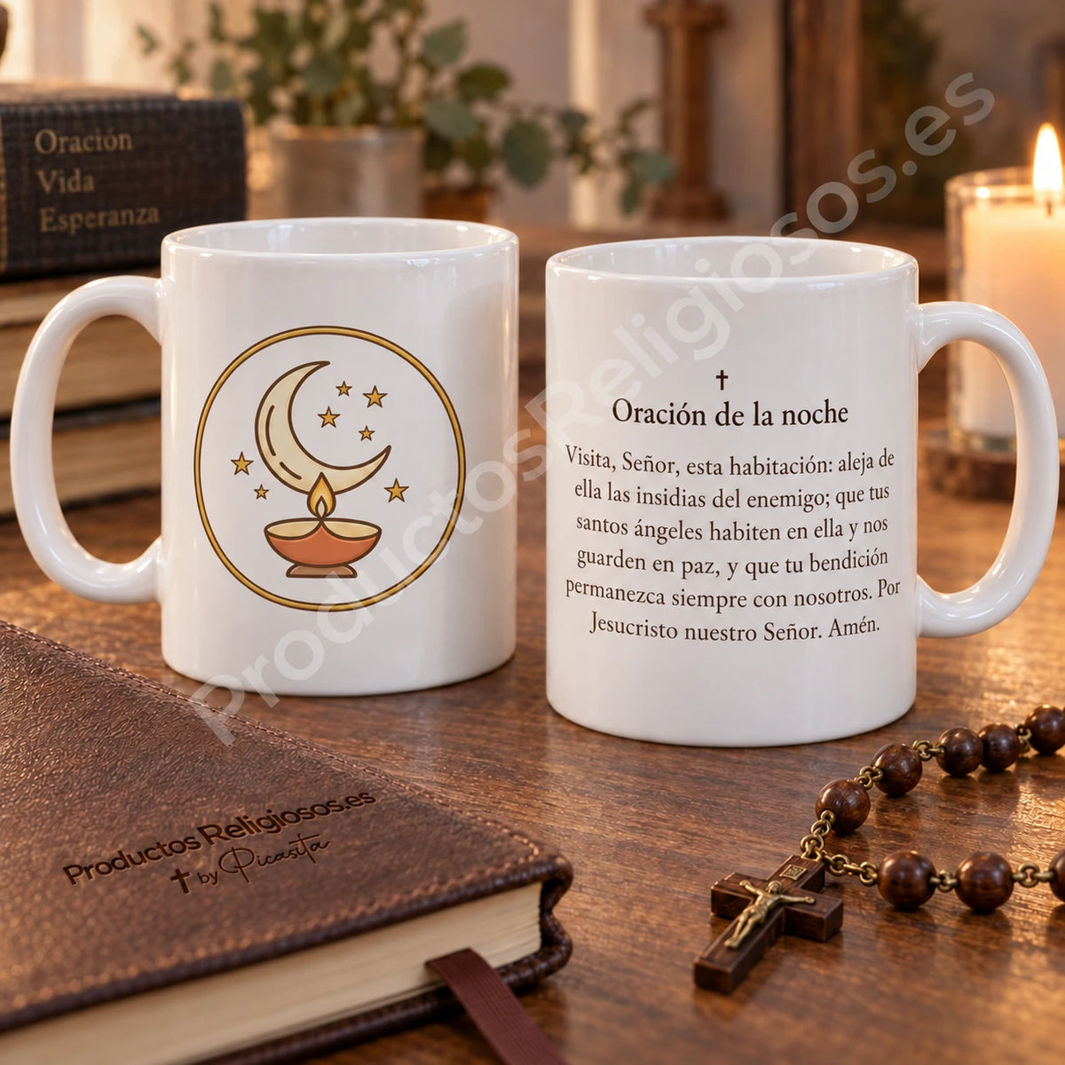 Gebetstasse · Nachtgebet, Motiv 1 in Farbe. Vollständiges Gebet auf Spanisch.