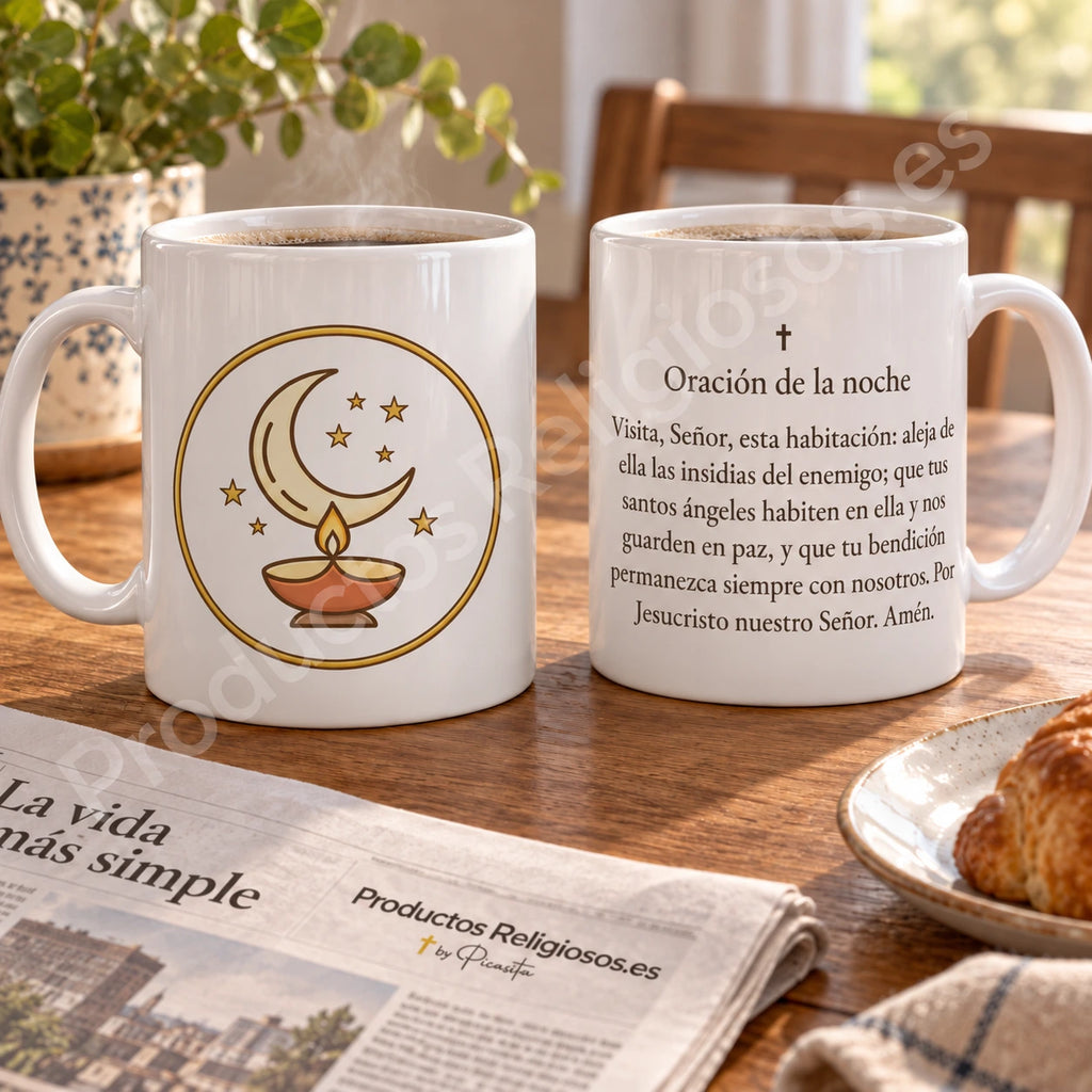 Gebetstasse · Nachtgebet, Motiv 1 in Farbe. Vollständiges Gebet auf Spanisch.