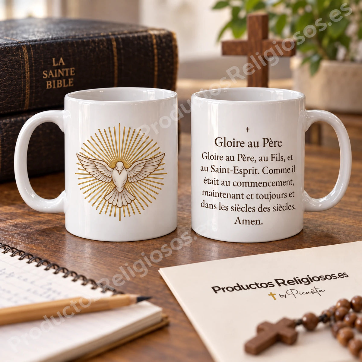 Glory Be Prayer Mug, design 1 in colour. Prayer in French. Illustration and reverse.