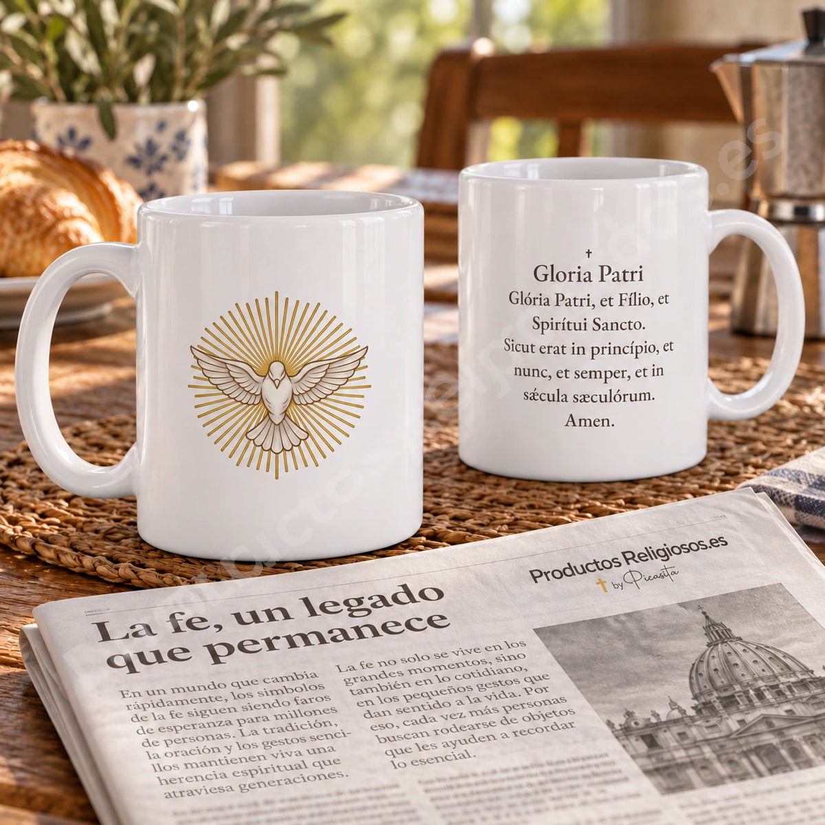 Glory Be Prayer Mug, design 1 in colour. Prayer in Latin. Illustration and reverse.