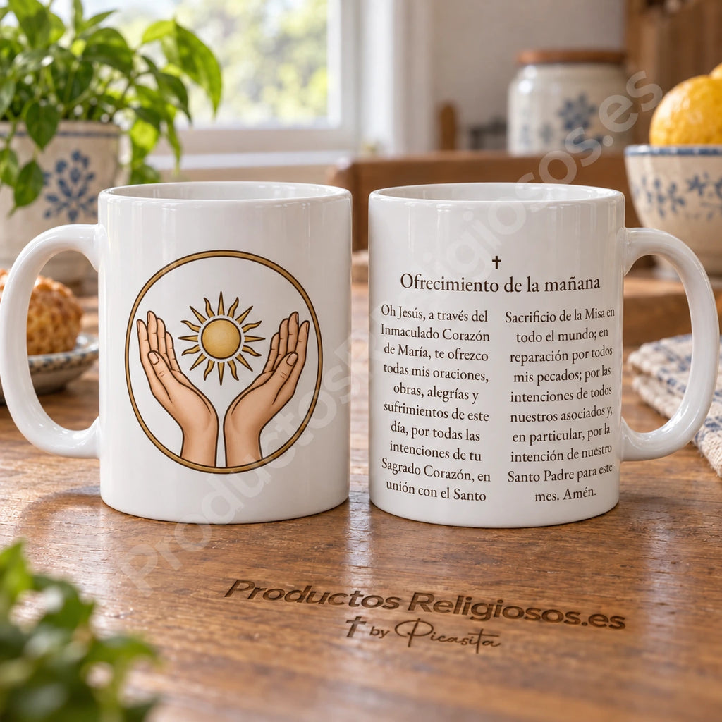 Tazza della preghiera · Offerta delle opere, disegno 1 a colori. Preghiera in spagnolo. Illustrazione e retro.