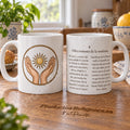 Tazza della preghiera · Offerta delle opere, disegno 1 a colori. Preghiera in spagnolo. Illustrazione e retro.