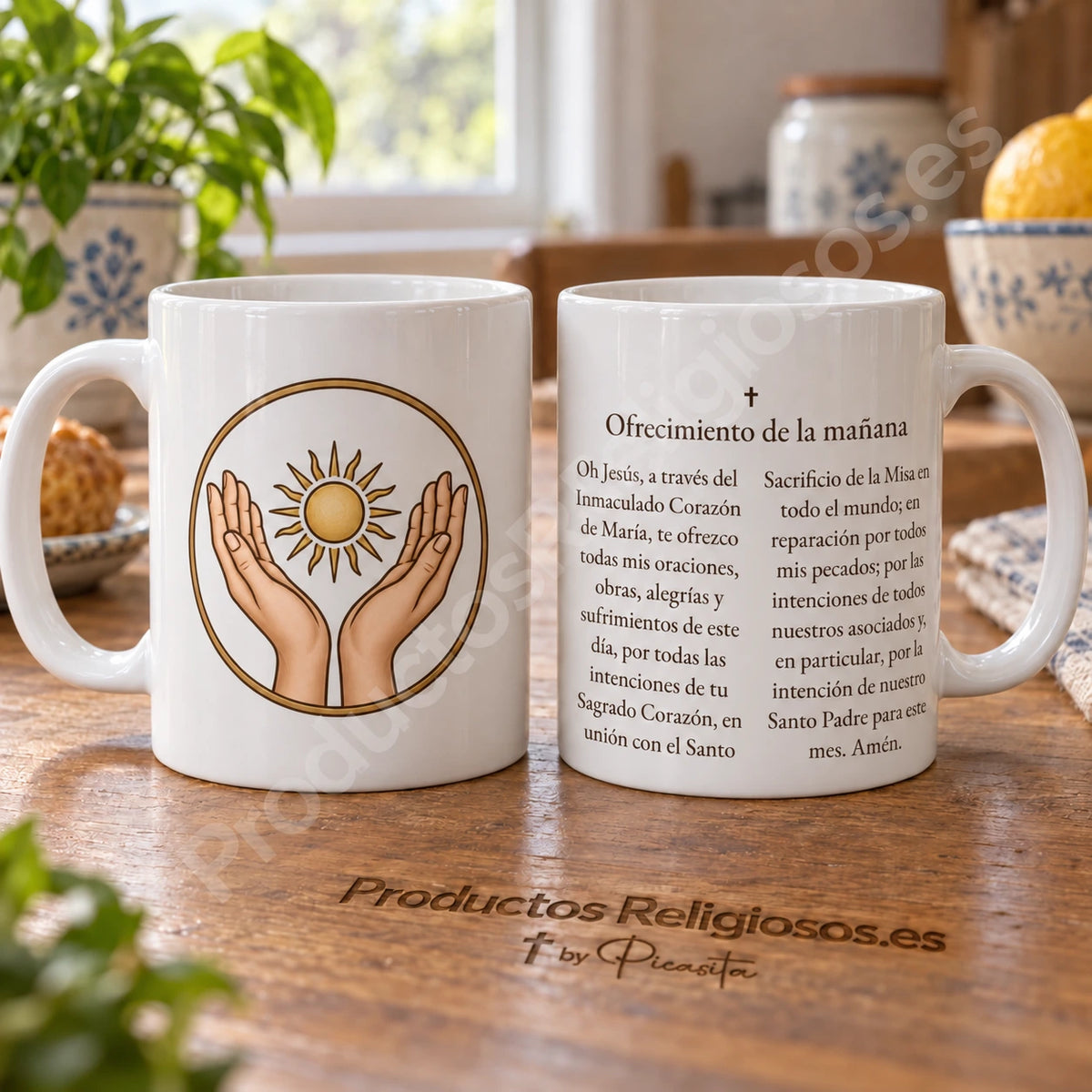 Tazza della preghiera · Offerta delle opere, disegno 1 a colori. Preghiera in spagnolo. Illustrazione e retro.