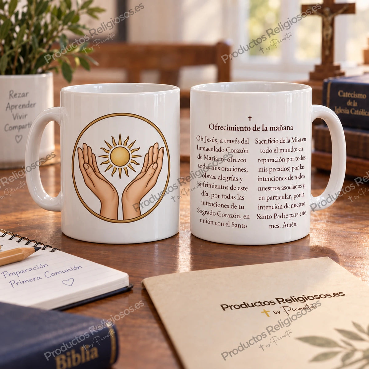 Tazza della preghiera · Offerta delle opere, disegno 1 a colori. Preghiera in spagnolo. Illustrazione e retro.