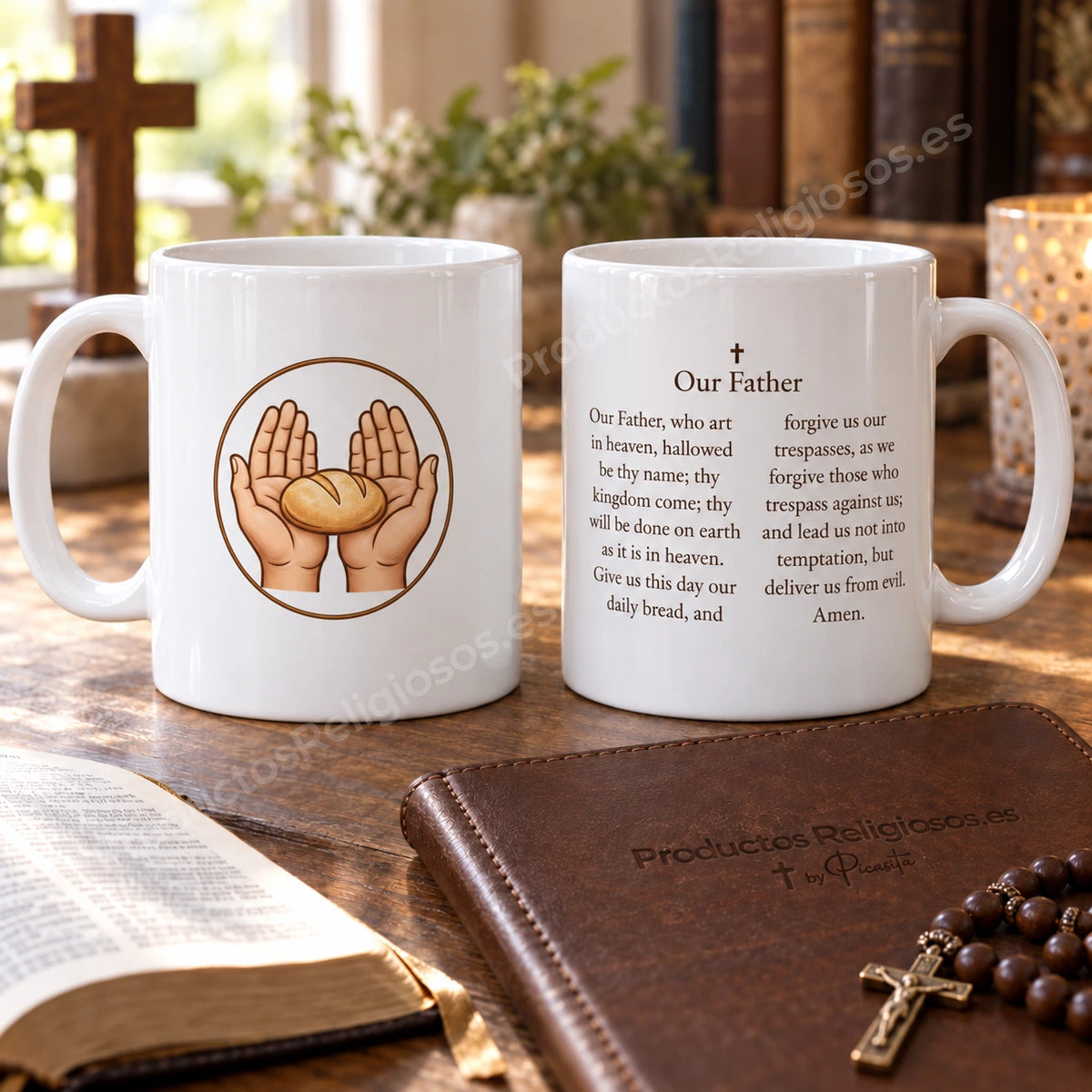 Tazza della preghiera · Padre Nostro, disegno 1 a colori. Preghiera in inglese. Illustrazione e retro.