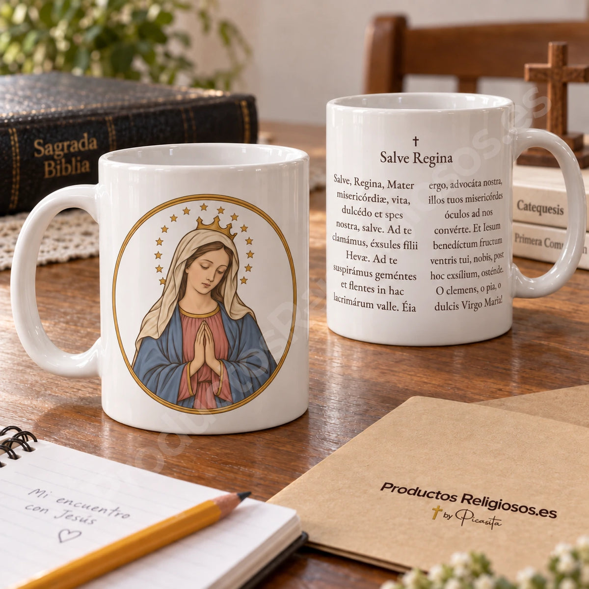 Tazza della preghiera · Salve Regina, disegno 1 a colori. Salve completa in latino.