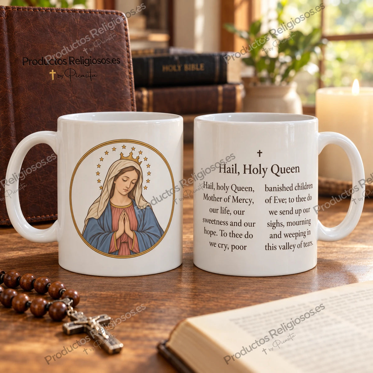 Tazza della preghiera · Salve Regina, disegno 1 a colori. Estratto iniziale della Salve in inglese.