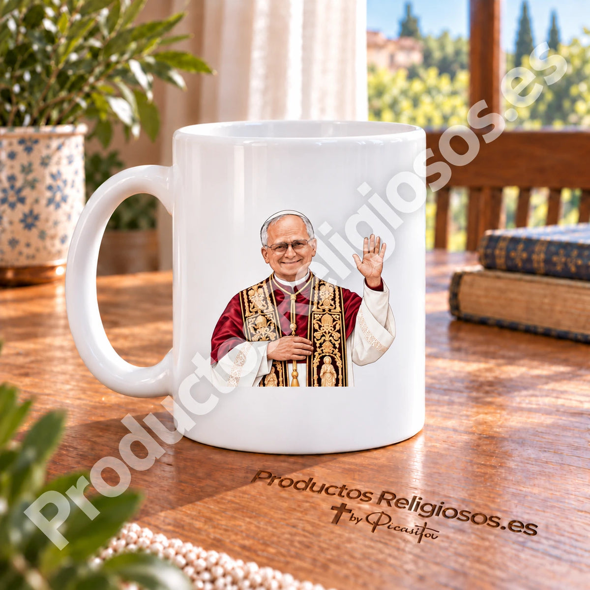 Tazza Papa Leone XIV, disegno 1 a colori. Illustrazione in una scena di prodotto.