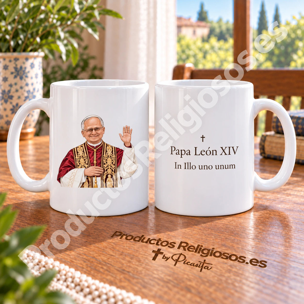Tazza Papa Leone XIV, disegno 1 a colori. Motto completo in latino.
