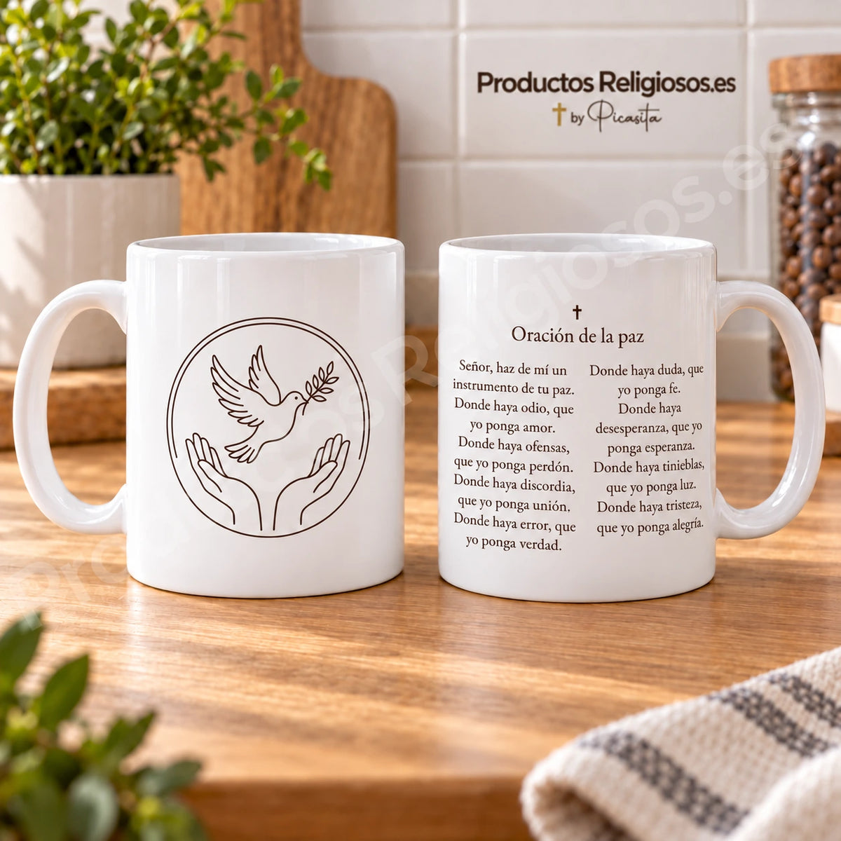 Taza de la oración · Oración de la paz, diseño 1 en tinta oscura. Fragmento inicial anónimo de la oración por la paz en español. Vistas de la ilustración y el reverso.