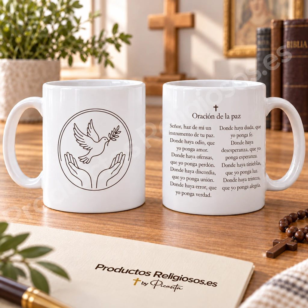 Taza de la oración · Oración de la paz, diseño 1 en tinta oscura. Fragmento inicial anónimo de la oración por la paz en español. Vistas de la ilustración y el reverso.