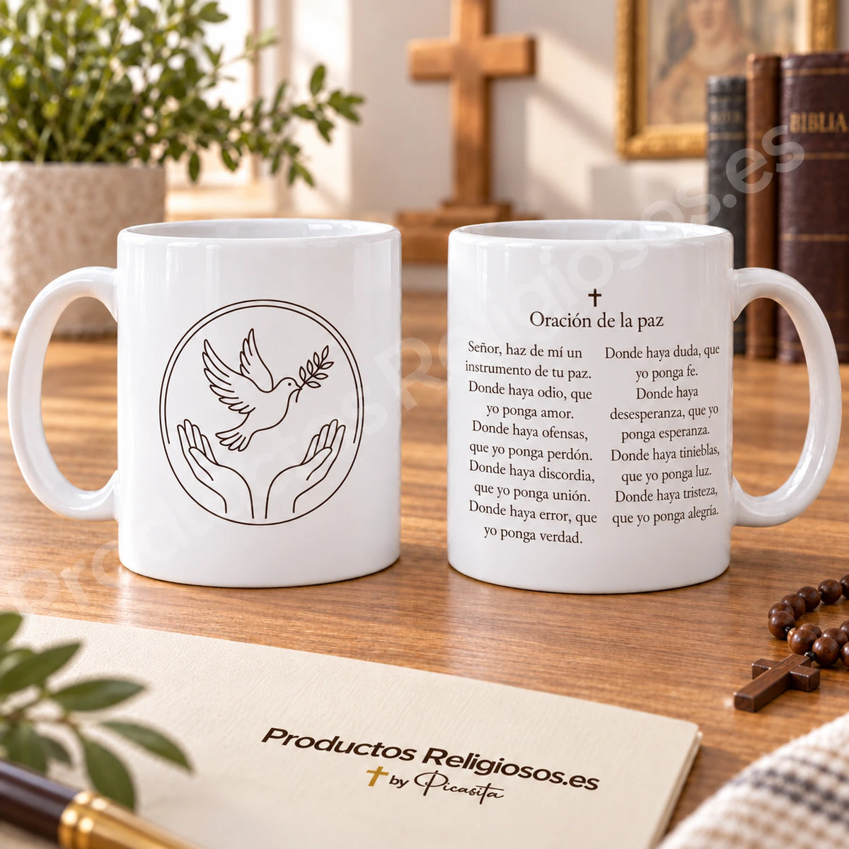 Taza de la oración · Oración de la paz, diseño 1 en tinta oscura. Fragmento inicial anónimo de la oración por la paz en español. Vistas de la ilustración y el reverso.