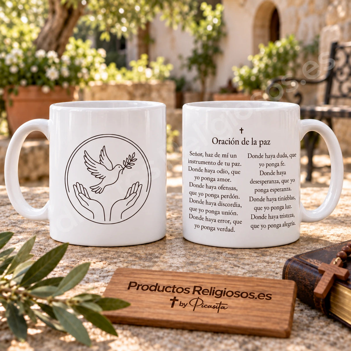 Taza de la oración · Oración de la paz, diseño 1 en tinta oscura. Fragmento inicial anónimo de la oración por la paz en español. Vistas de la ilustración y el reverso.