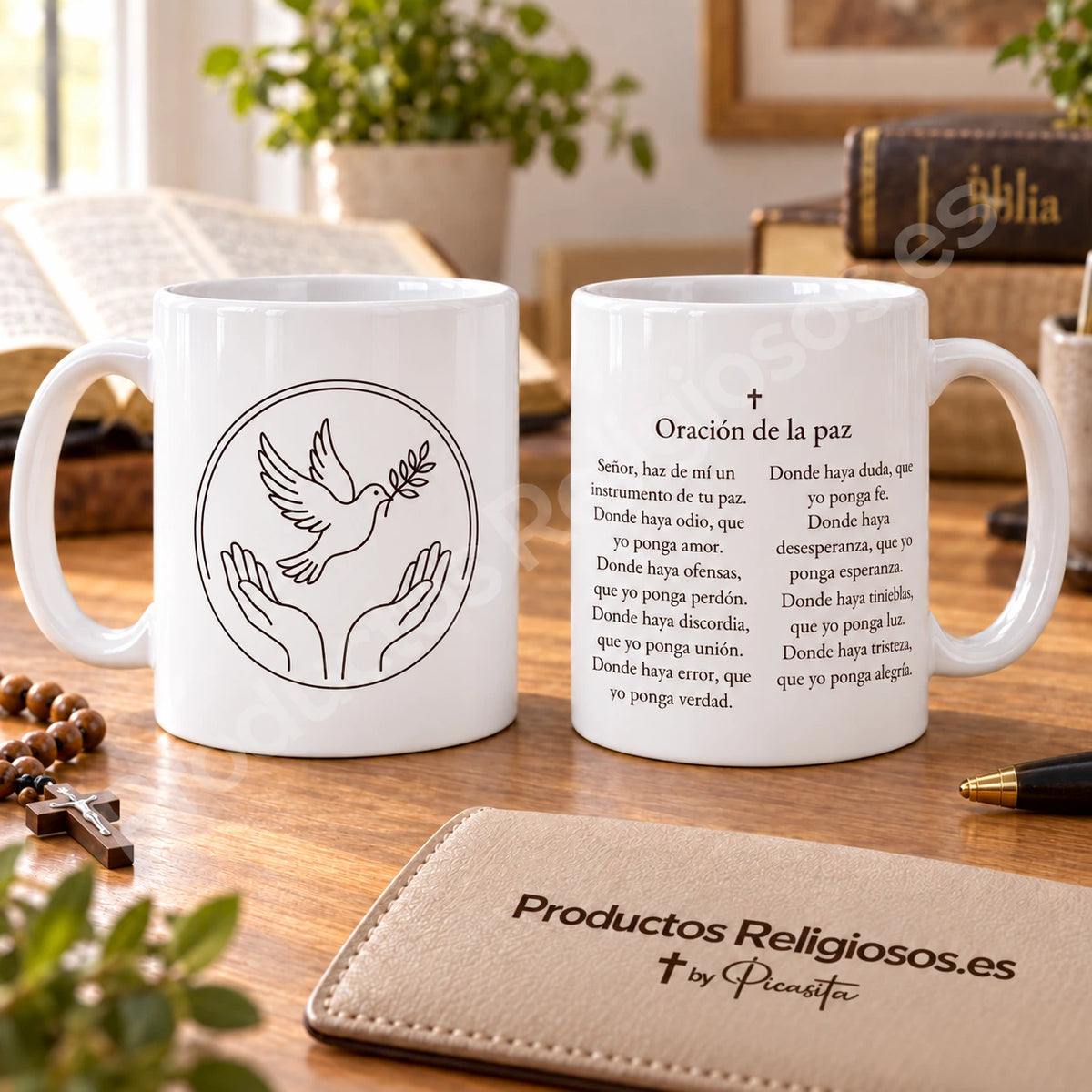 Taza de la oración · Oración de la paz, diseño 1 en tinta oscura. Fragmento inicial anónimo de la oración por la paz en español. Vistas de la ilustración y el reverso.