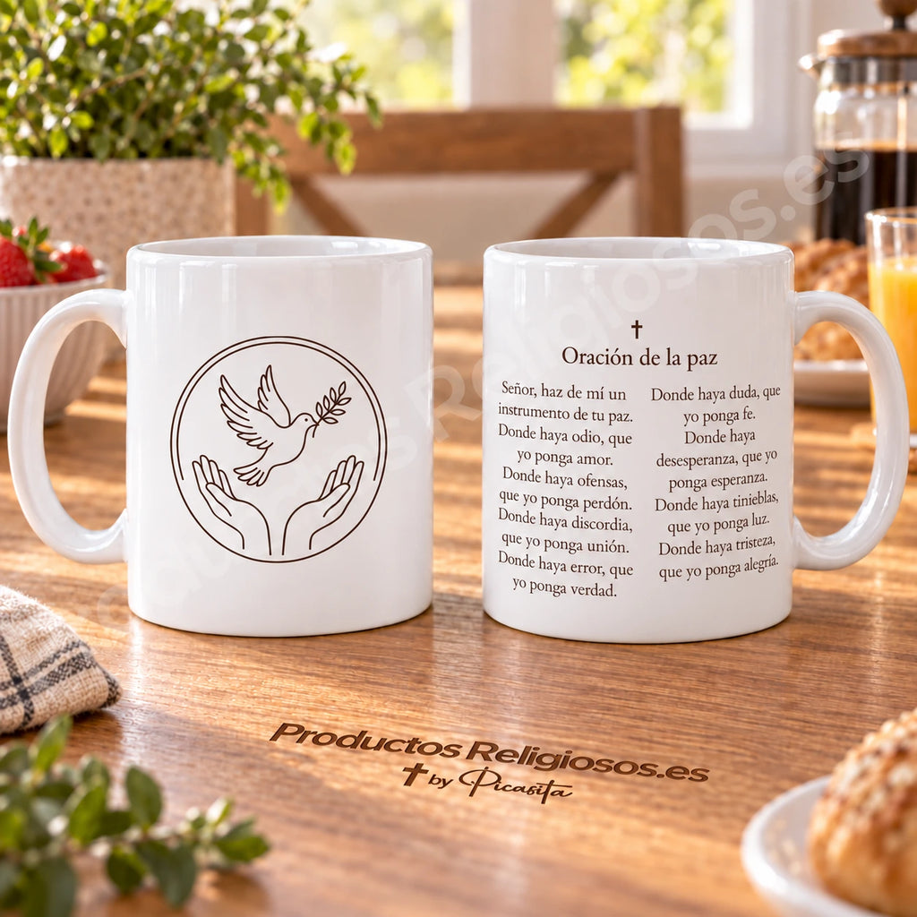 Taza de la oración · Oración de la paz, diseño 1 en tinta oscura. Fragmento inicial anónimo de la oración por la paz en español. Vistas de la ilustración y el reverso.