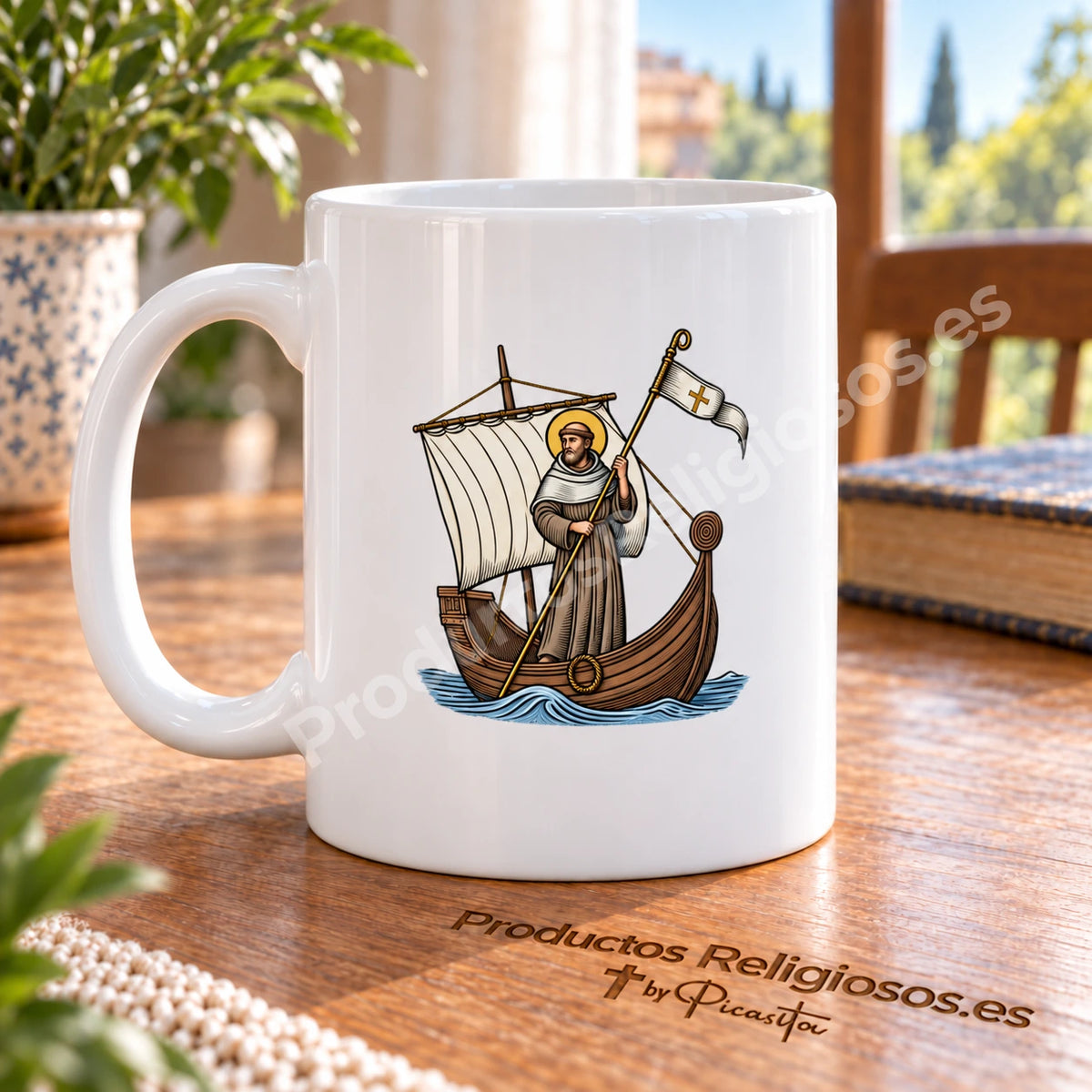 Tasse mit dem heiligen Brendan dem Seefahrer, Motiv 1 in Farbe. Illustration in einer Produktszene.
