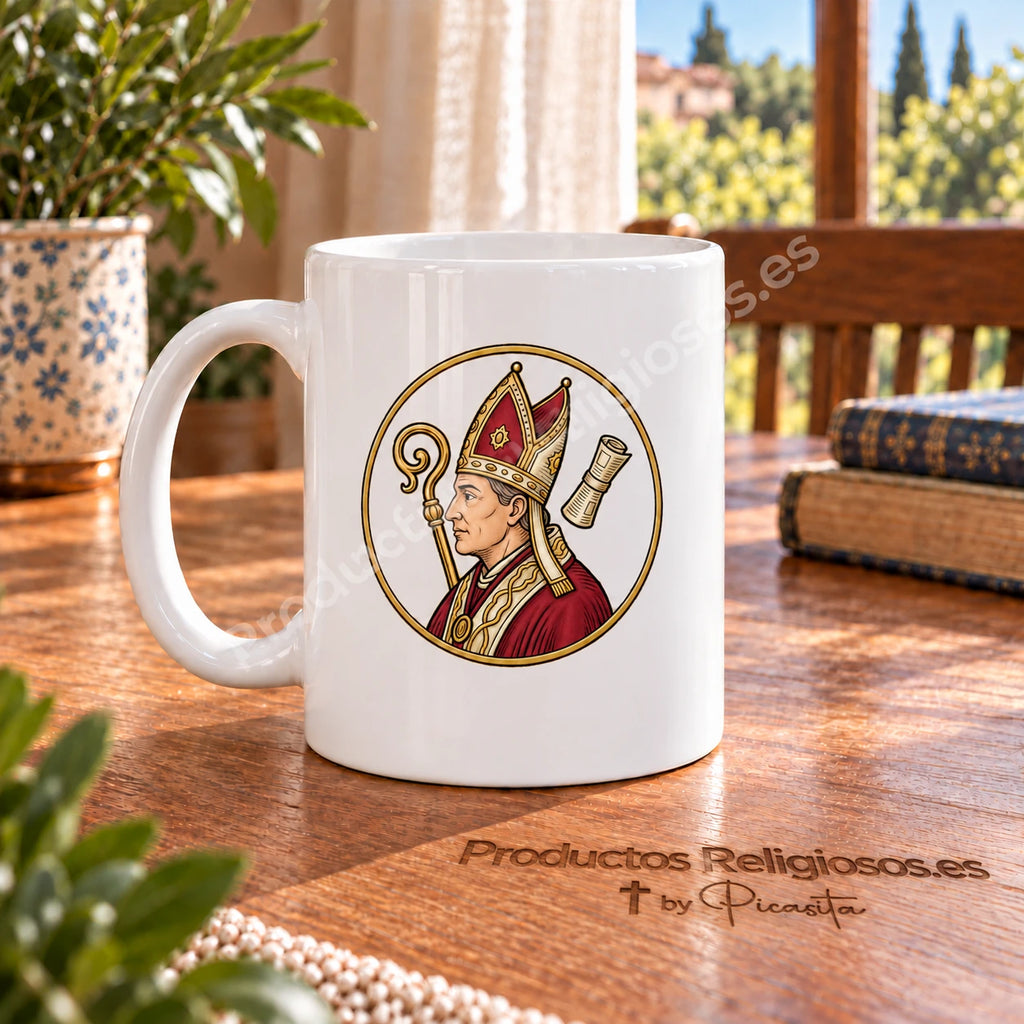 Prayer Mug · Saint Fermin, design 1 in colour. Illustration in a product scene.