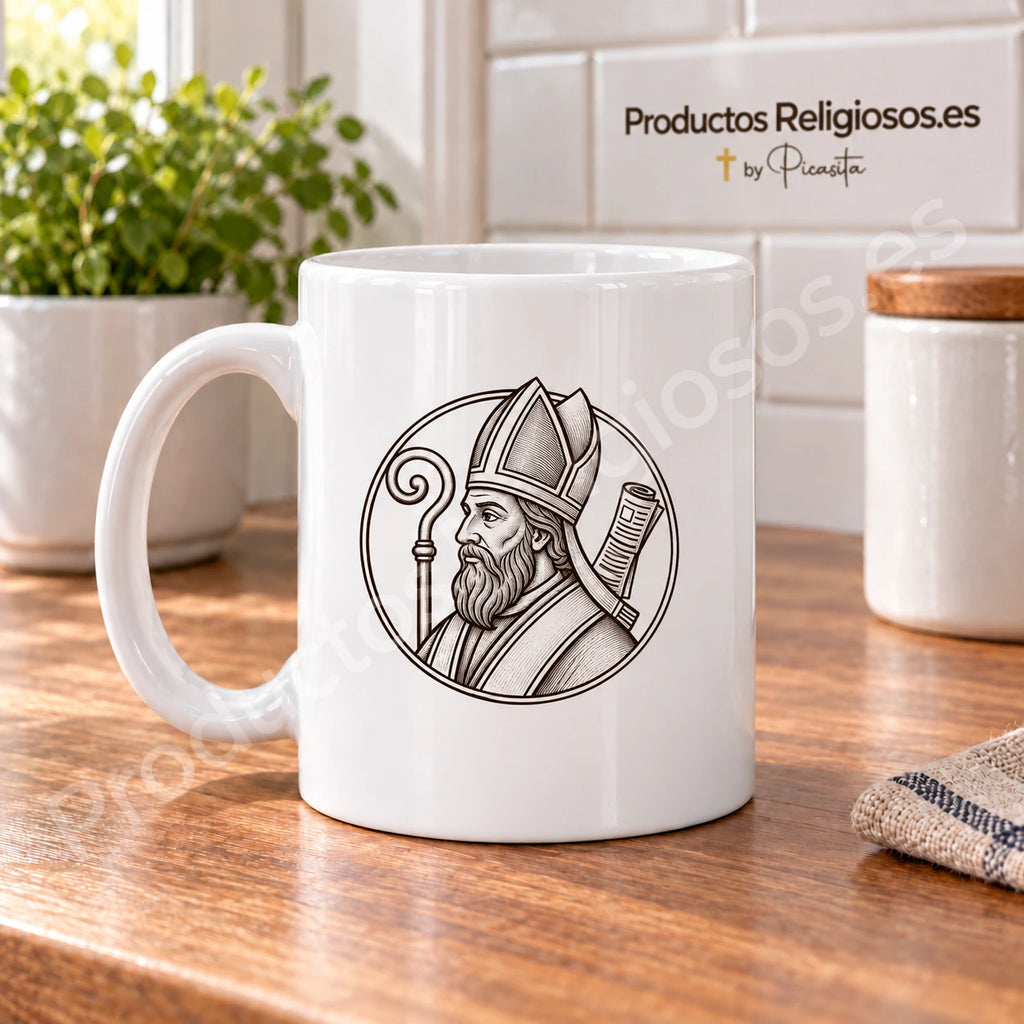 Prayer Mug · Saint Fermin, design 2 in dark ink. Illustration in a product scene.