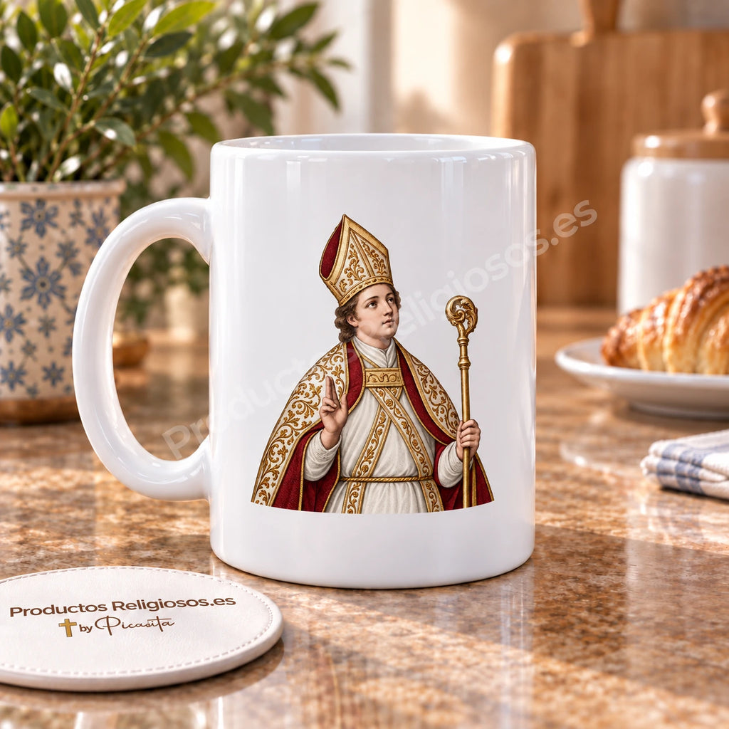 Prayer Mug · Saint Fermin, design 4 in colour. Illustration in a product scene.