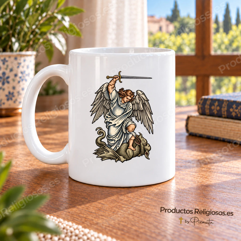 Tasse de la prière · Saint Michel Archange, motif 3 en couleur. Illustration dans une scène de produit.