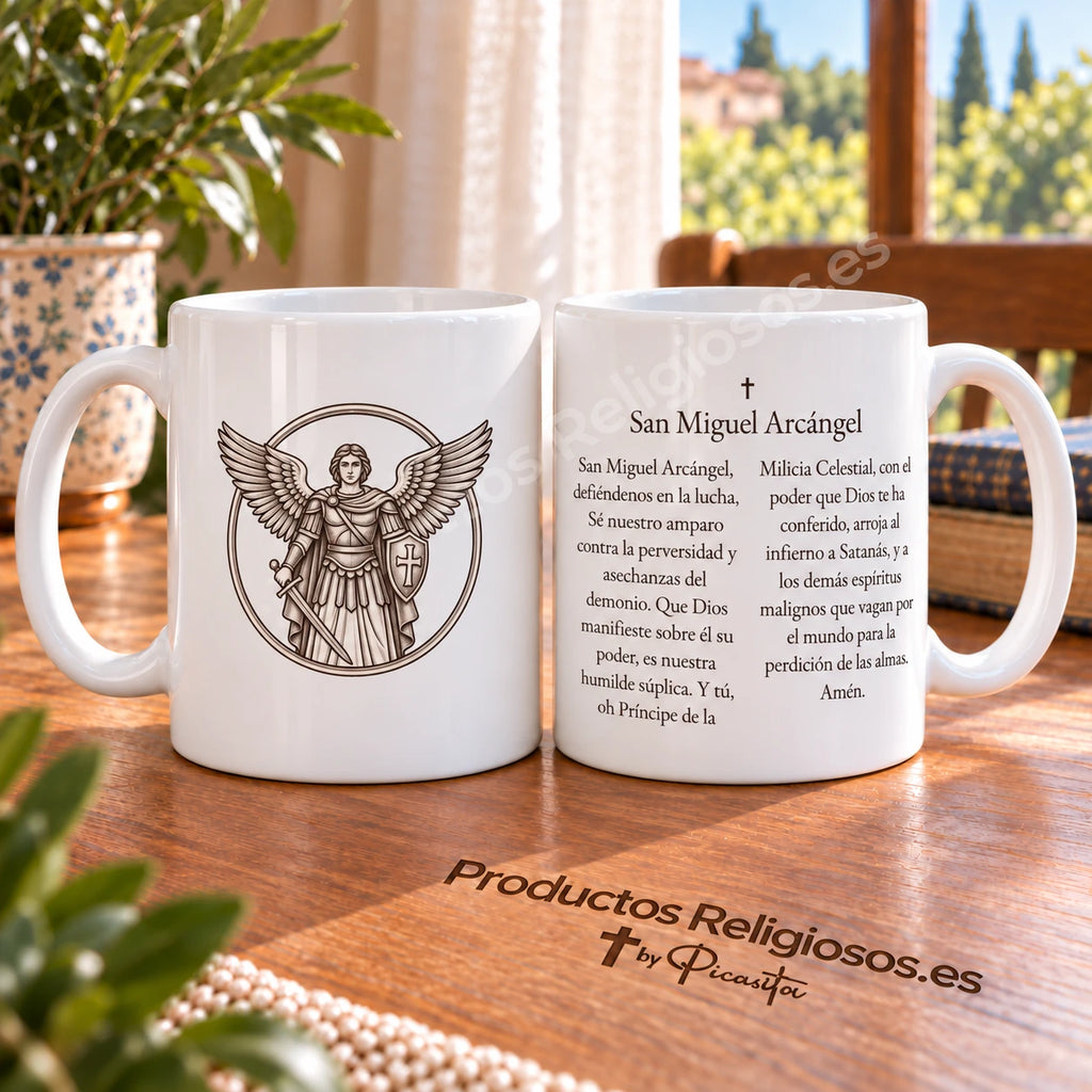 Tasse de la prière · Saint Michel Archange, motif 1 à l’encre foncée. Prière complète de Saint Michel Archange en espagnol.