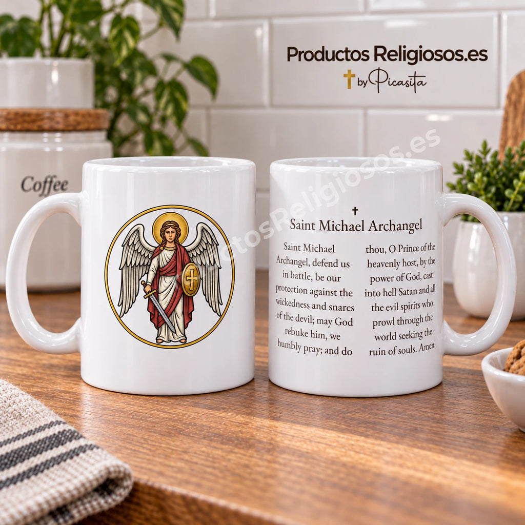 Tasse de la prière · Saint Michel Archange, motif 2 en couleur. Prière complète de Saint Michel Archange en anglais.
