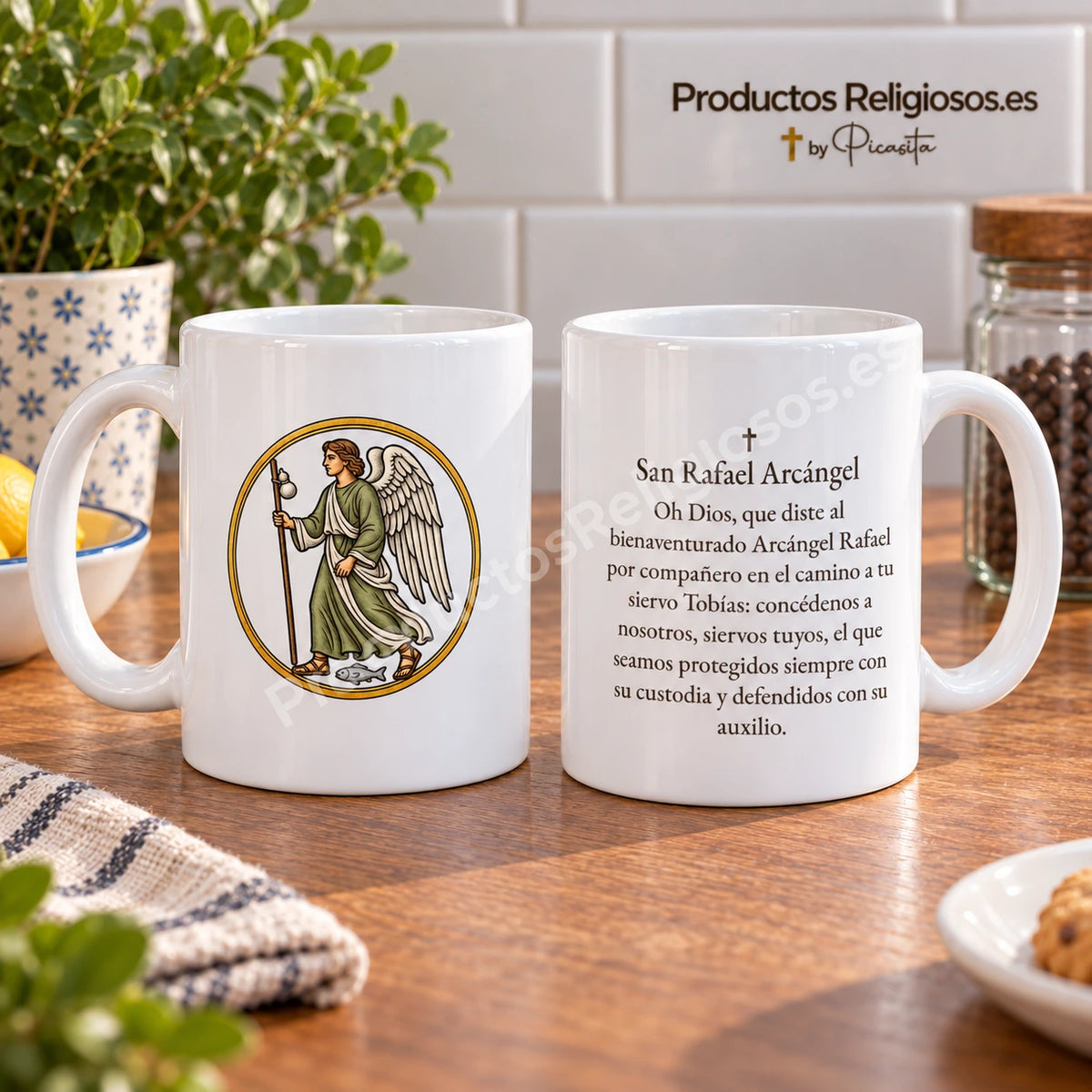 Taza de la oración · San Rafael Arcángel, diseño 2 a color. Oración histórica en español. Vistas de la ilustración y el reverso.