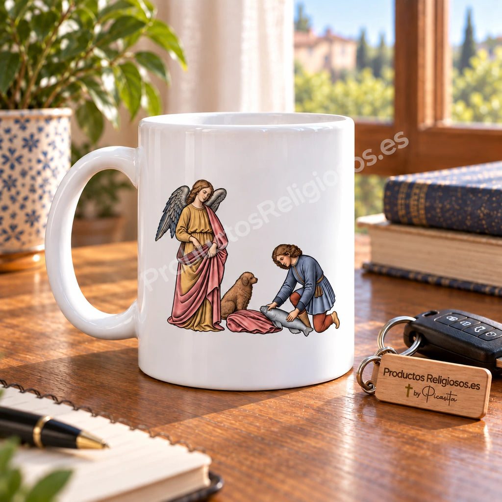 Taza de la oración · San Rafael Arcángel, diseño 3 a color. Ilustración en una escena de producto.