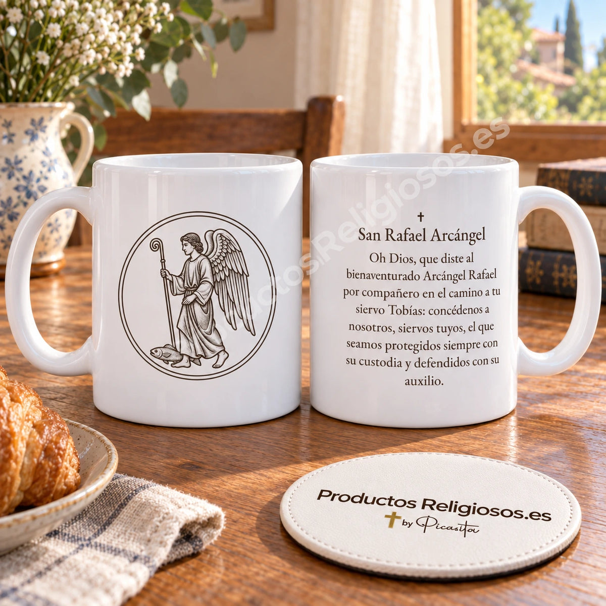 Taza de la oración · San Rafael Arcángel, diseño 1 en tinta oscura. Oración histórica en español. Vistas de la ilustración y el reverso.