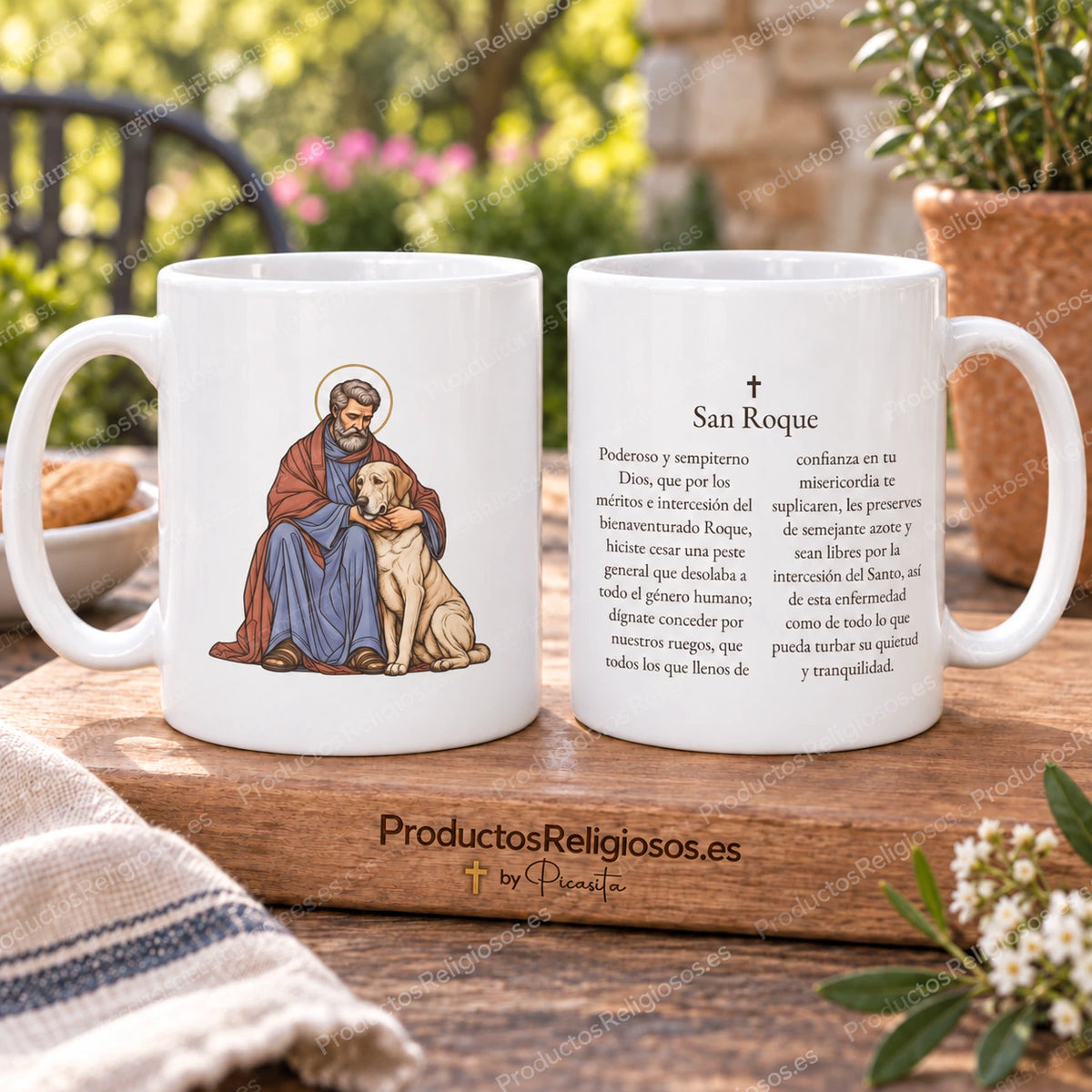 Tasse des heiligen Rochus, Motiv 1 in Farbe und historisches Gebet auf Spanisch. Ansichten der Illustration und Rückseite in einer Produktszene.
