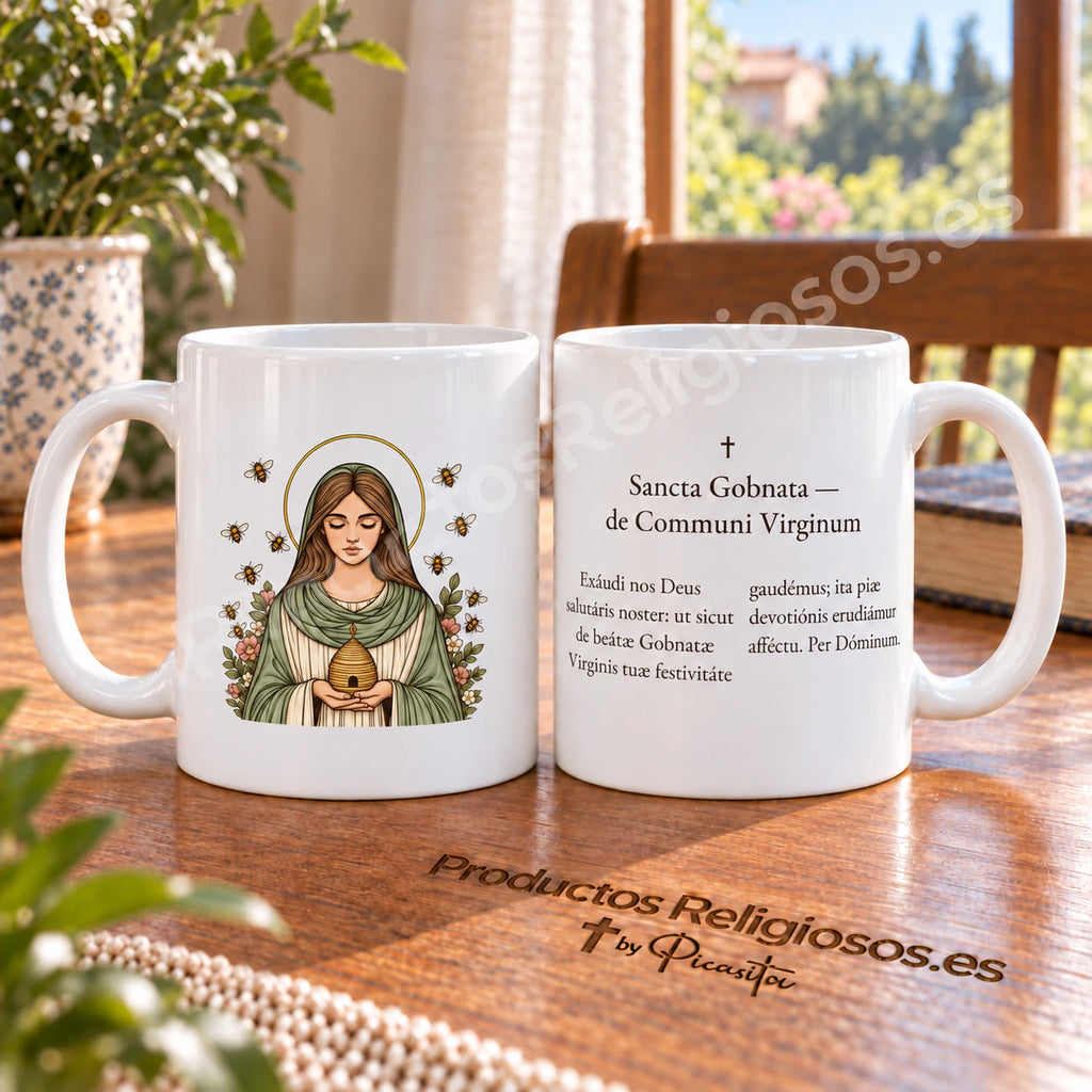 Tazza di santa Abigail (Gobnait), disegno 2 a colori e preghiera in latino. Viste dell’illustrazione e del retro in una scena di prodotto.