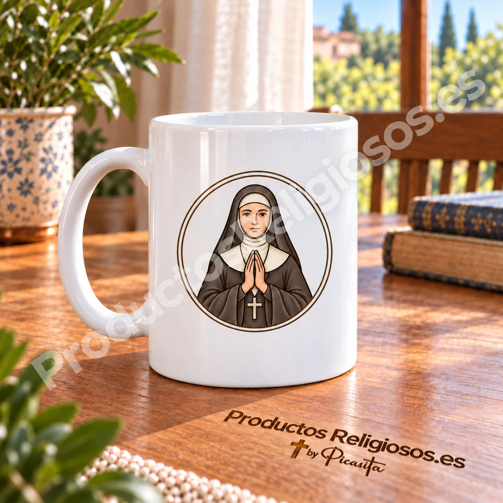 Prayer Mug · Saint Angela of the Cross, design 1 in colour. Illustration in a product scene.