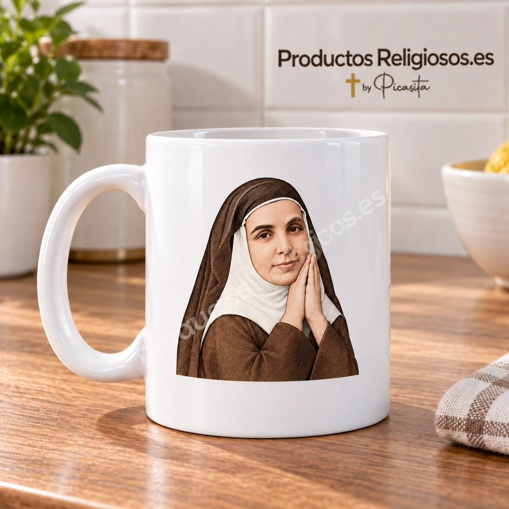 Prayer Mug · Saint Angela of the Cross, design 2 in colour. Illustration in a product scene.