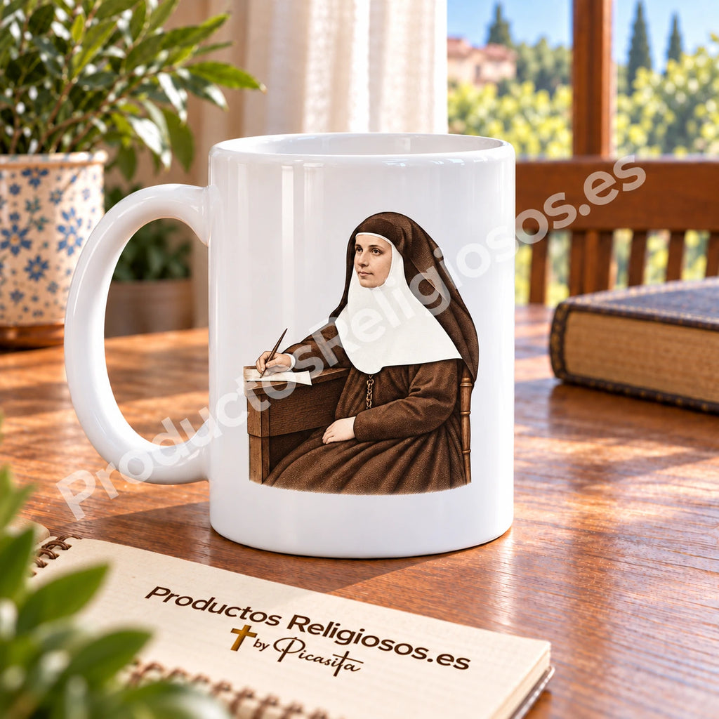 Prayer Mug · Saint Angela of the Cross, design 3 in colour. Illustration in a product scene.