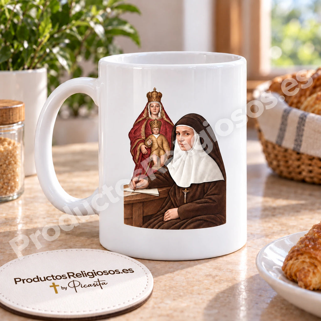 Prayer Mug · Saint Angela of the Cross, design 4 in colour. Illustration in a product scene.