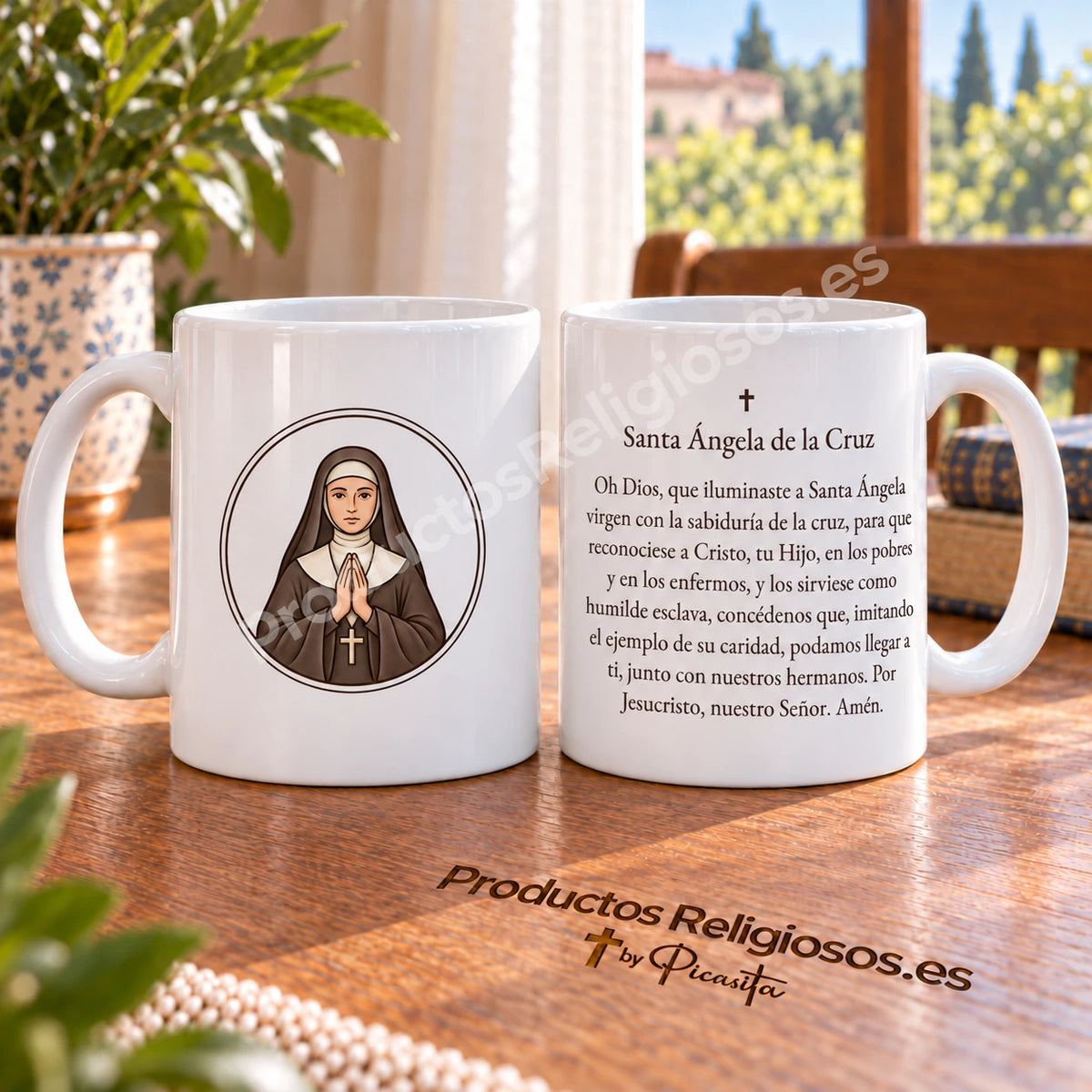Tazza della preghiera · Santa Angela della Croce, disegno 1 a colori. Preghiera completa in spagnolo.