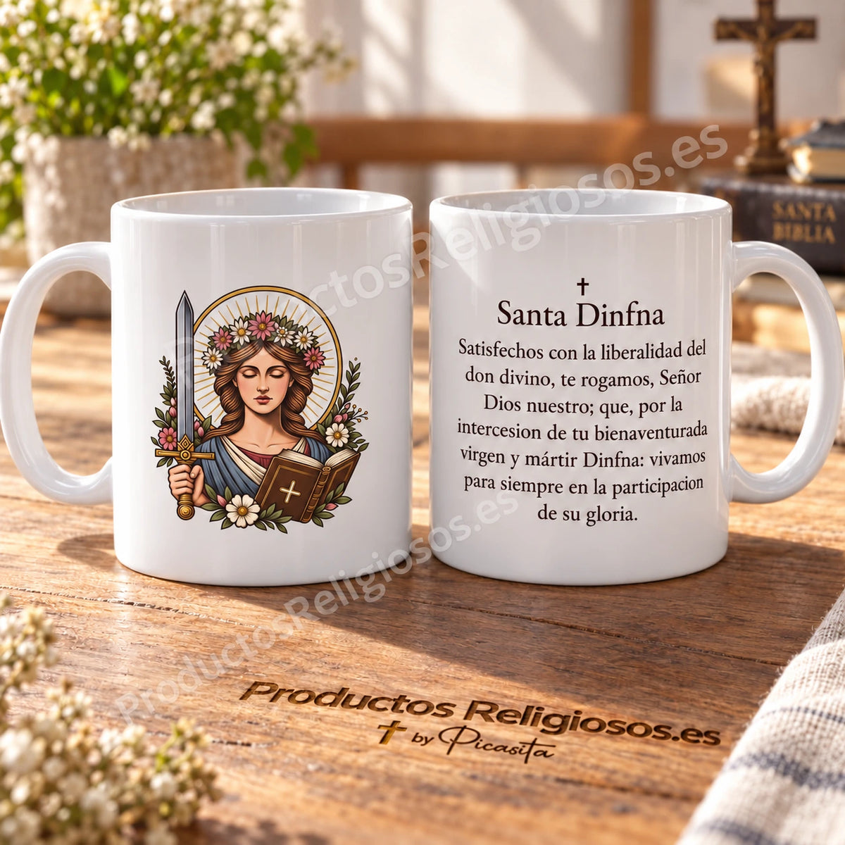 Taza de Santa Dinfna, diseño 1 a color y oración histórica en español. Vistas de la ilustración y el reverso en una escena de producto.