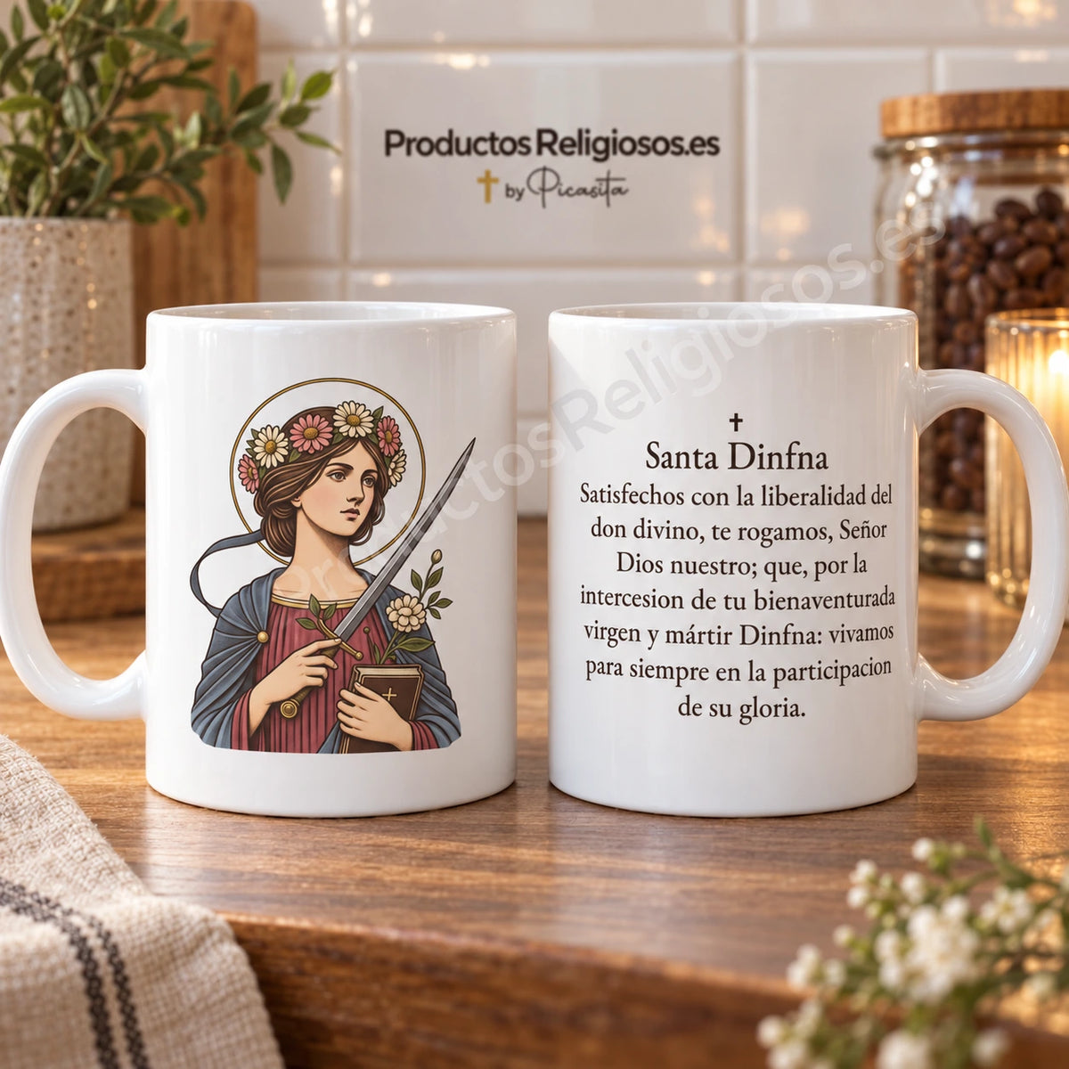 Taza de Santa Dinfna, diseño 2 a color y oración histórica en español. Vistas de la ilustración y el reverso en una escena de producto.